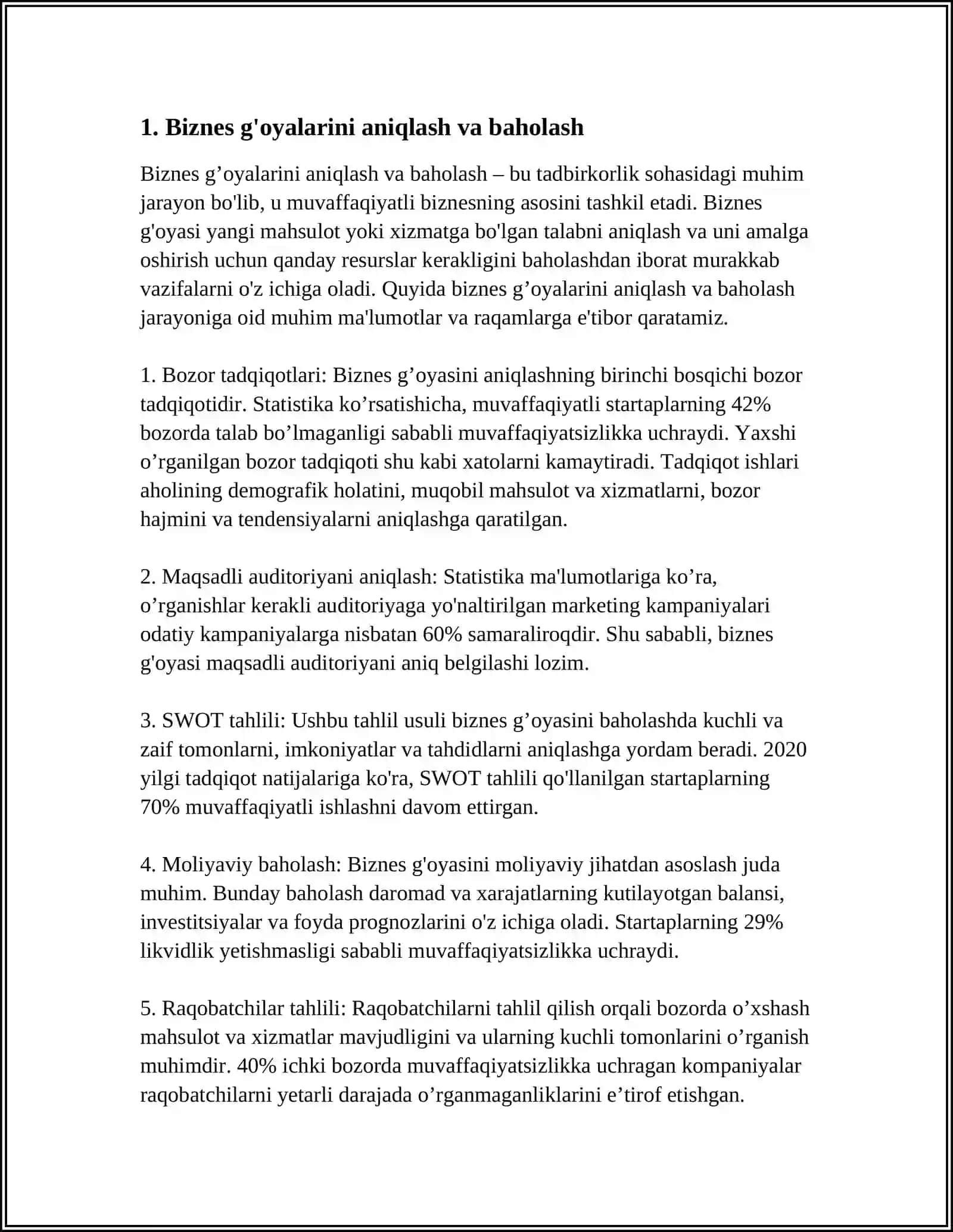 MUSTAQIL ISH: BIZNESNI TASHKIL ETISH VA RIVOJLANTIRISH IMKONIYATLARI 3