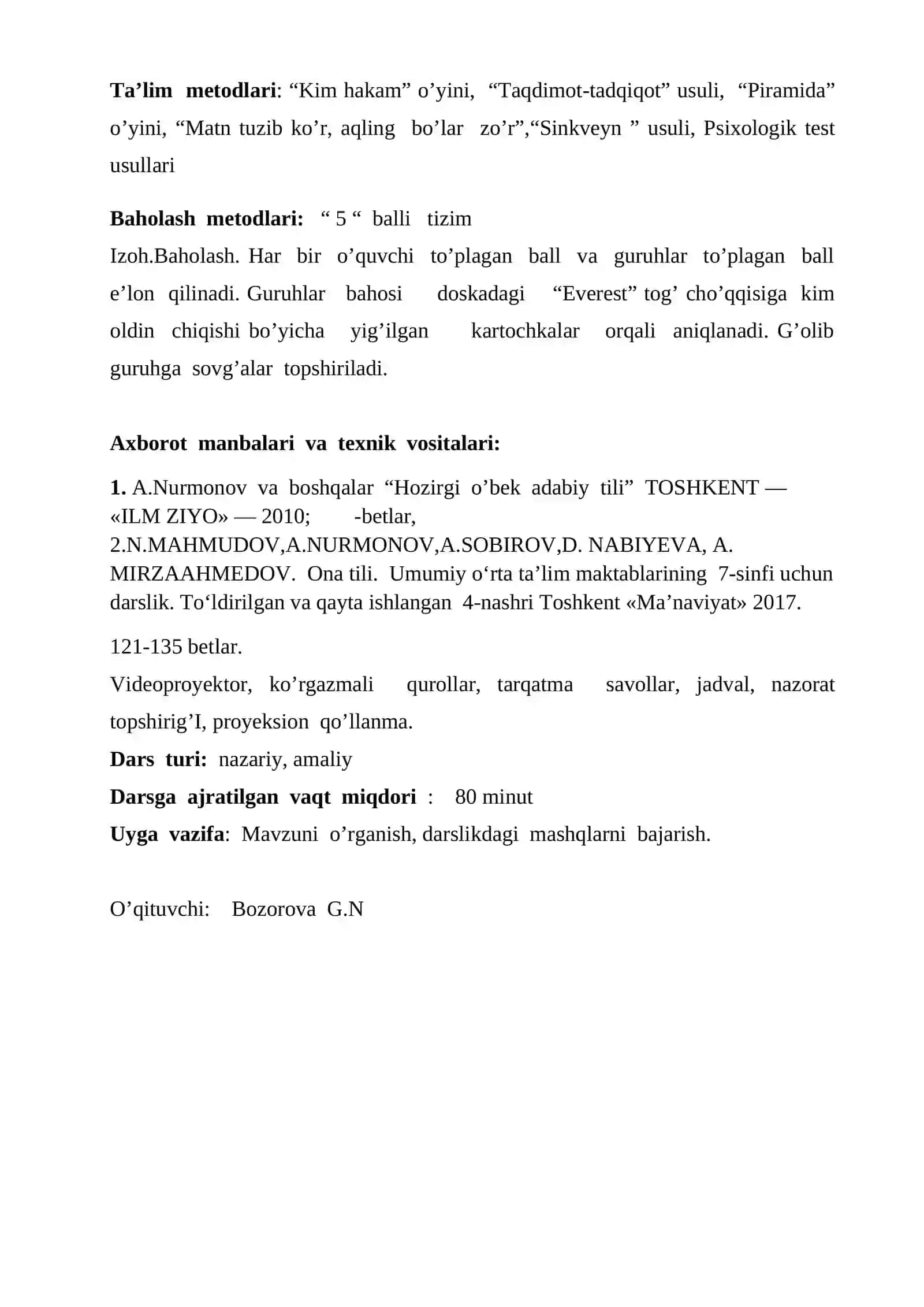 10-sinf Ona tili fanidan Alohida olingan so'zlar mavzuda ochiq dars ishlanma 3