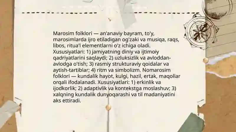 Marosim va nomarosim folklori janrlar, folklor namunalarining tahlili 3