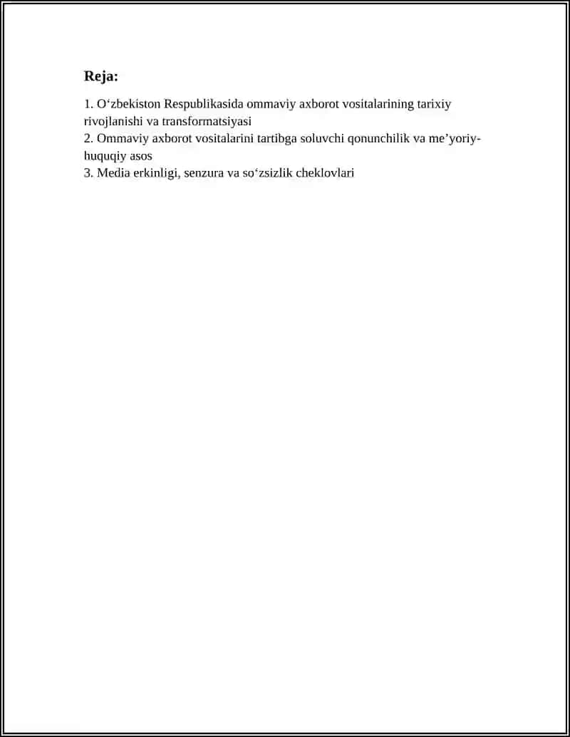 OʻZBEKISTON RESPUBLIKASIDA OMMAVIY AXBOROT VOSITALARINING FAOLIYATI (OʻZGARISH VA MUAMMOLAR) 3