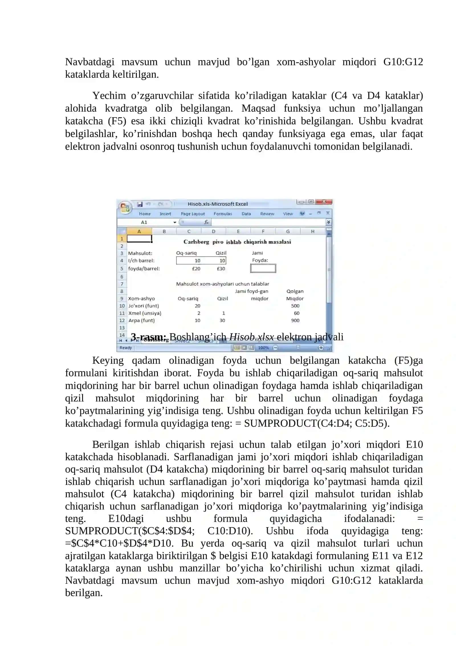 MS Excel dasturi imkoniyatlaridan foydalanib oziq-ovqat injineringida muammoli (solver) vaziyatni yechish 3