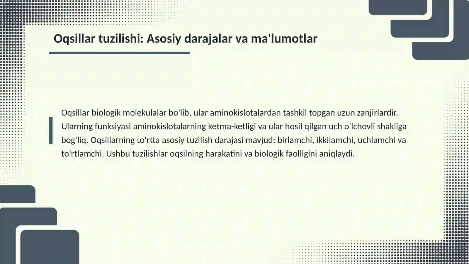 Oqsillar: Birlamchi va Fazoviy Tuzilishlar 3