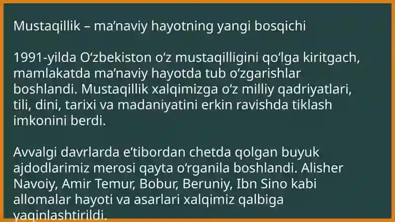 Mustaqillik yillarida Ozbekistondagi manaviyat va madaniyat taraqqiyoti 3