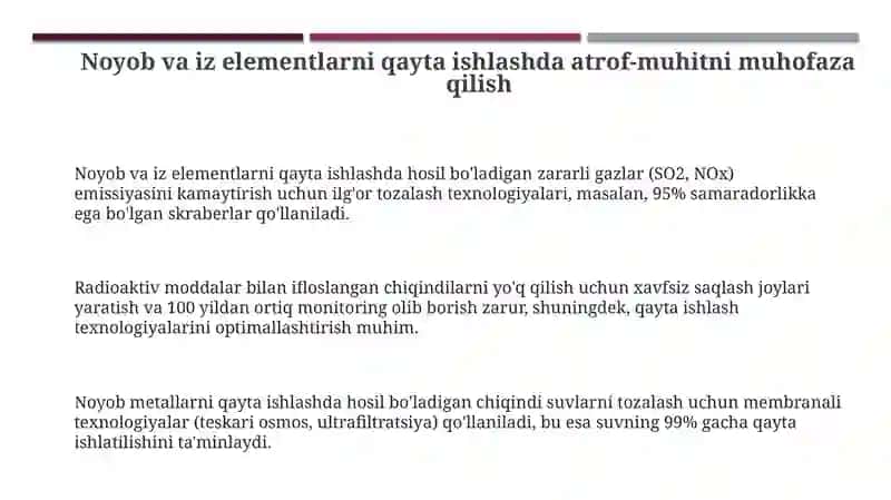 Noyob va iz elementlarni qayta ishlashda hususiyatlari 3