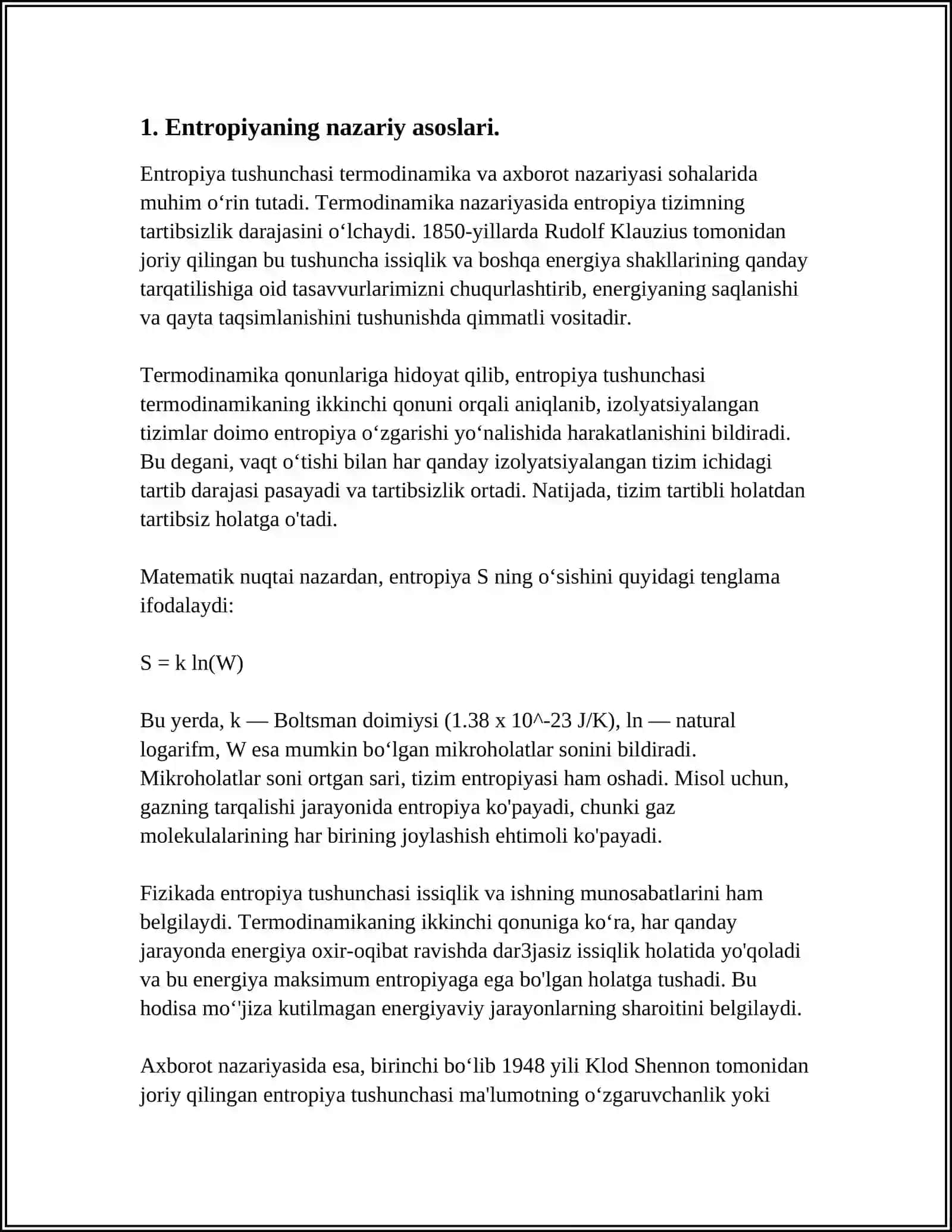 OCHIQ TIZIMLARDA ENTROPIYANING KAMAYISHI 3