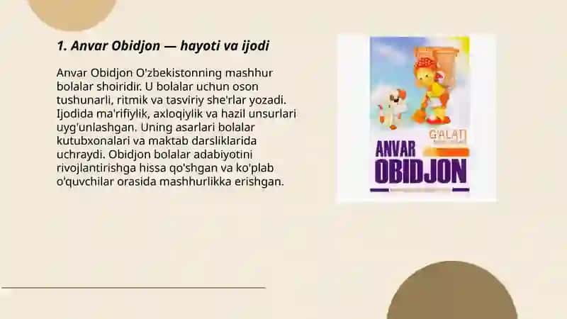 Anvar Obidjon bolalar she'rining ijodi va hayoti 3