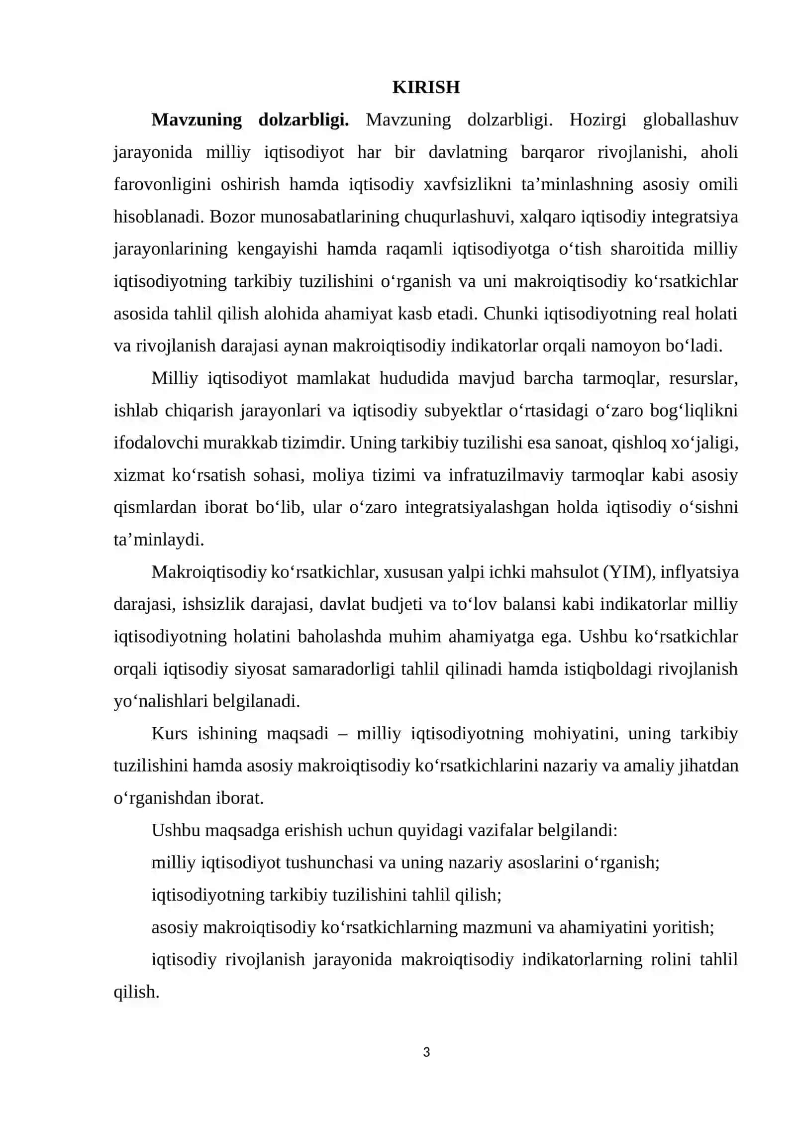 MILLIY IQTISODIYOT, UNING TARKIBIY TUZILISHI VA MAKROIQTISODIY KURSATKICHLARI. 3
