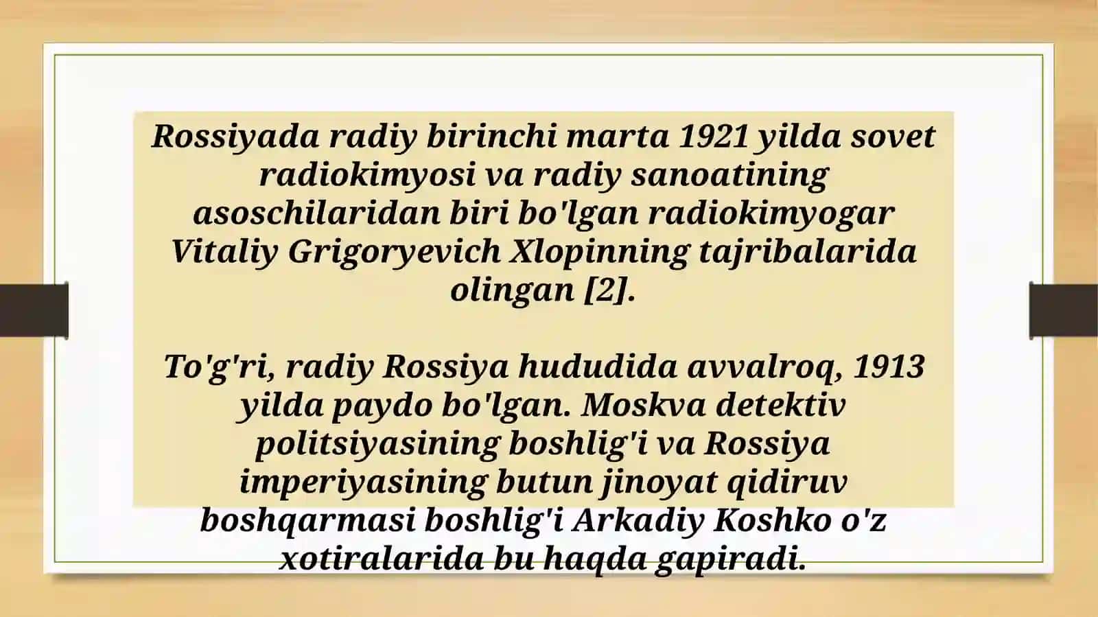 M.Kuriyning kimyoviy kashfiyoti Radiy birikmalarining xossalari 3