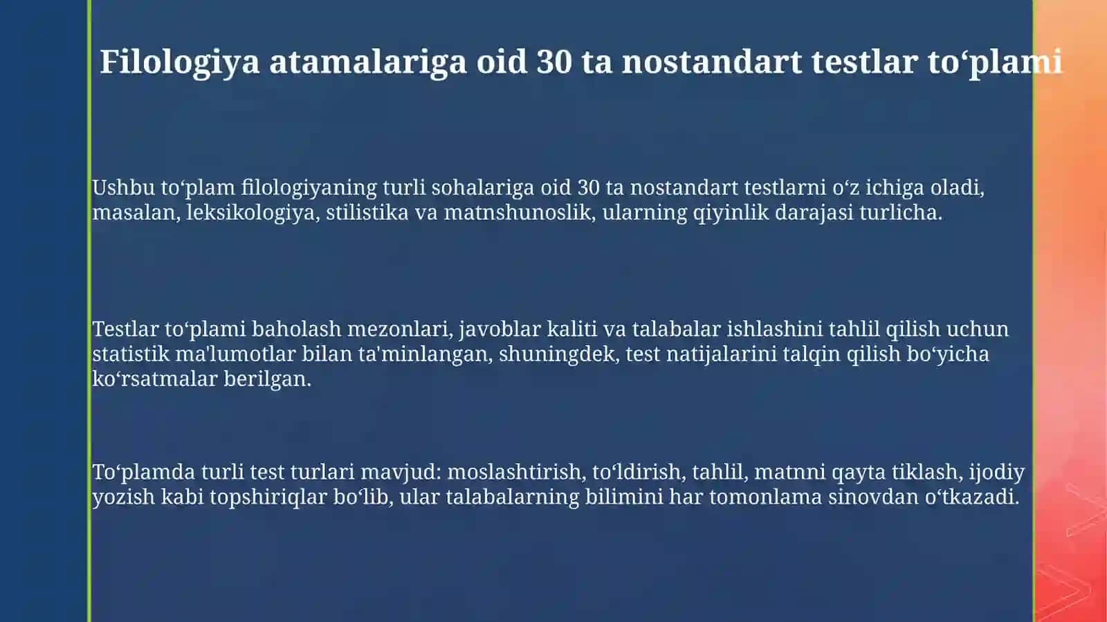 Filologiyaga oid terminlar bo‘yicha nostandart 30 ta test tuzish 3