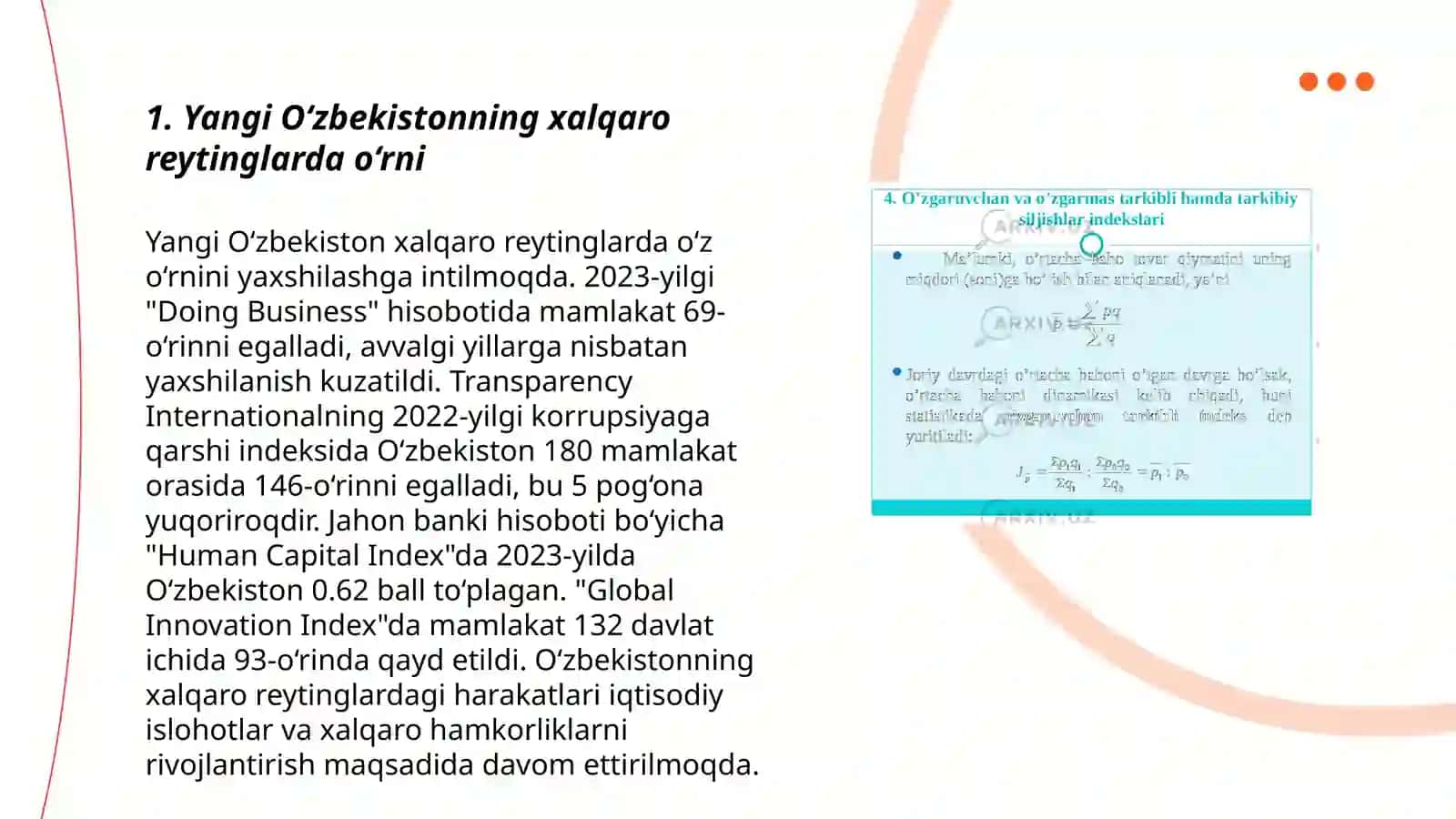 Yangi O‘zbekiston ijtimoiy-siyosiy, iqtisodiy va madaniy hayotida roʻy berayotgan oʻzgarishlarning xalqaro reyting va indekslarda aks etishi 3