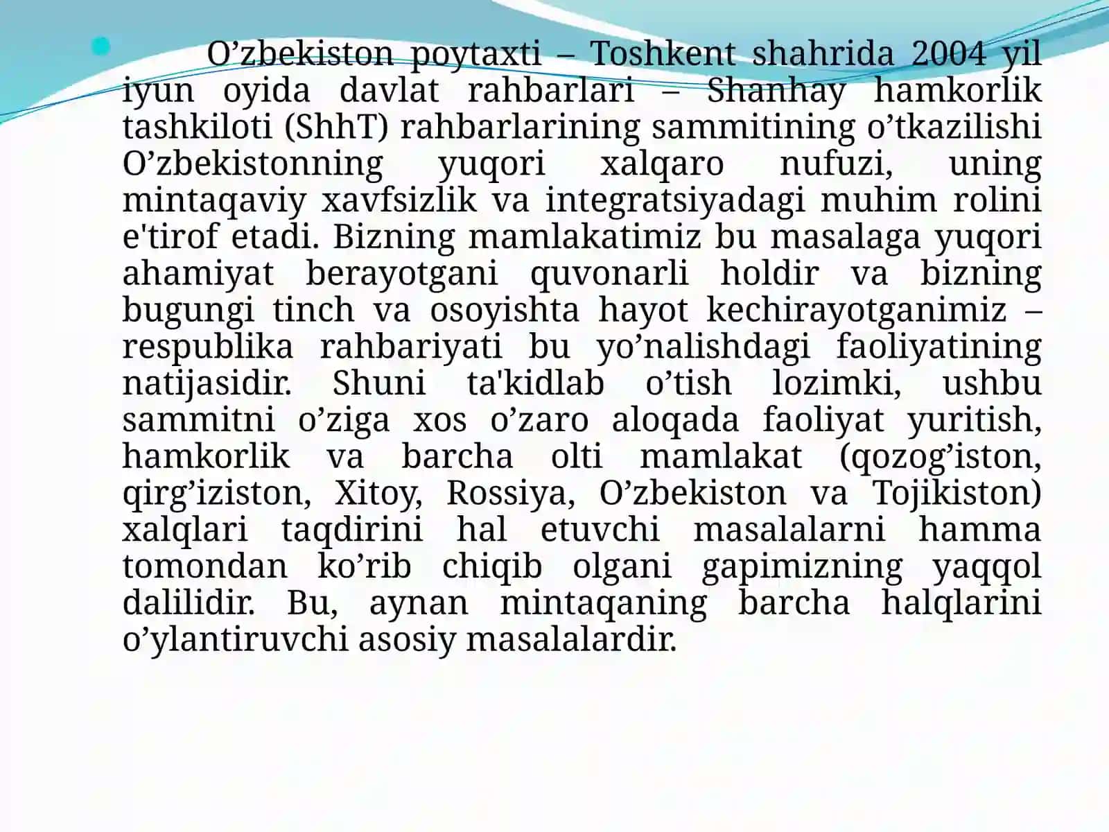 O’zbekistonnig Shanxay Hamkorlik Tashkiloti bilan aloqalari 3