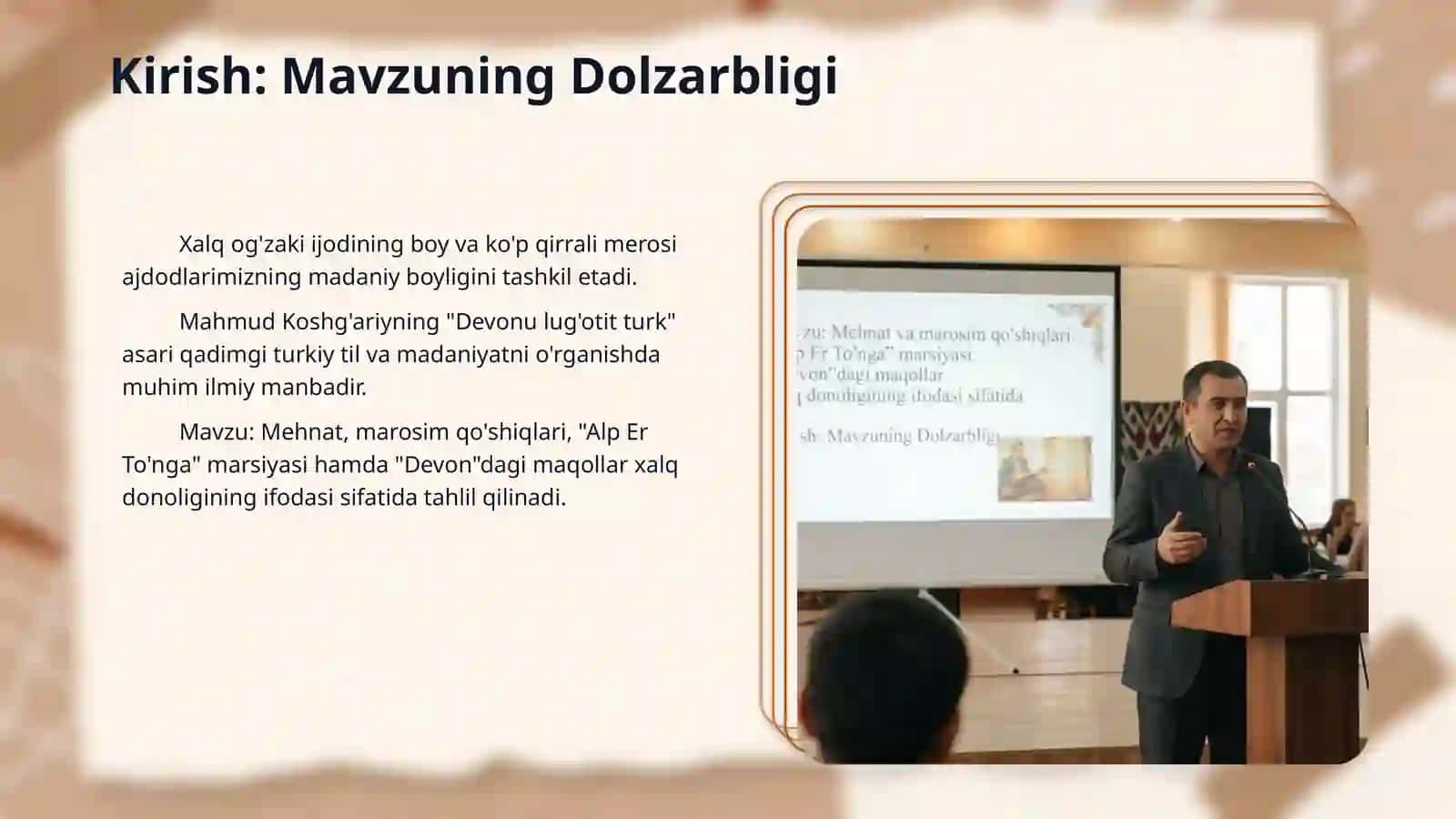 Mehnat va marosim qo’shiqlari.”Alp Er To’nga” marsiyasi.”Devon”dagi maqollar xalq donoligining ifodasi sifatida 3