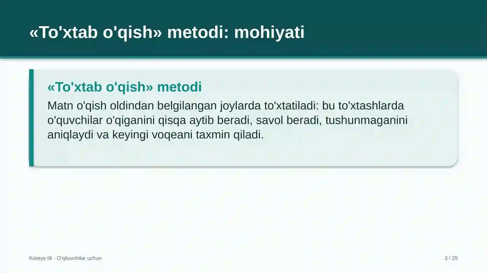 koreys tili darslarida to'xtab o'qish metodidan foydalanish 1817 3
