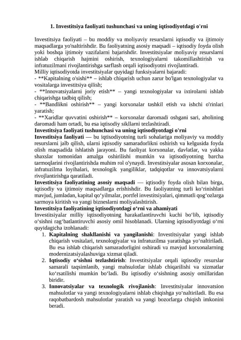 Investitsiya Faoliyati Tushunchasi va Uning Iqtisodiyotdagi O'rni 3