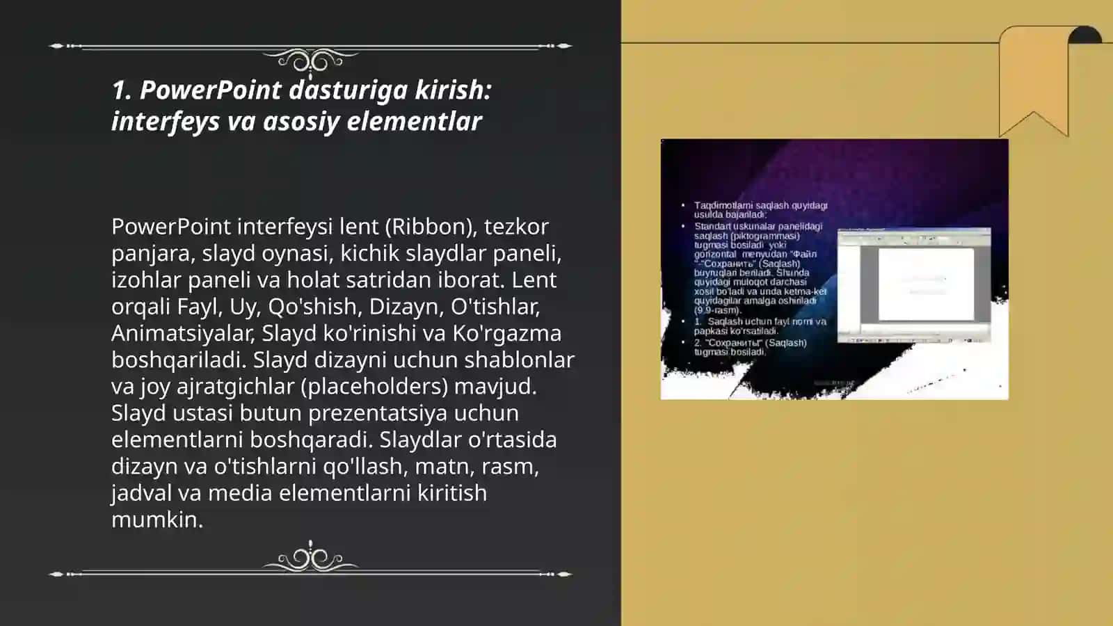 Power point dasturlari ulardan foydalanish asoslari, prezentatsiyalar yaratish, rasmlarni saqlash va yuklash va ularni tahrirlash 3