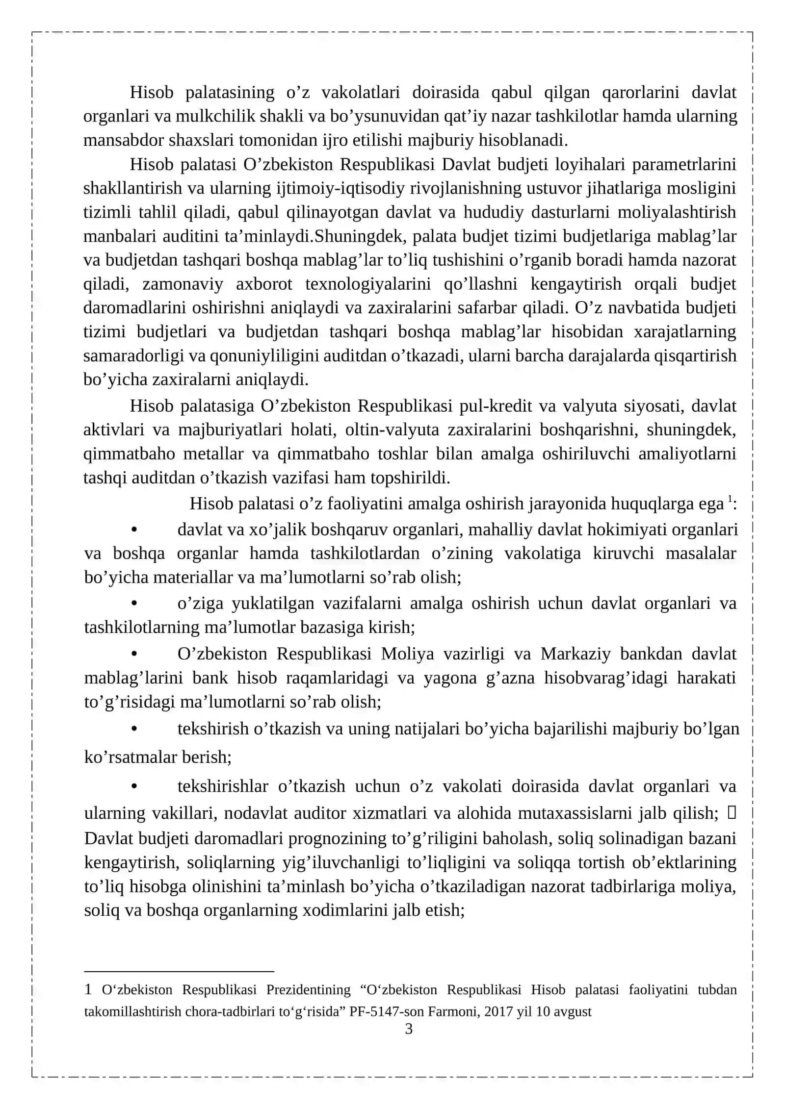 O’zbekiston Respublikasi Hisob palatasi va uning moliyaviy nazoratni tashkil etishdagi o’rni 3