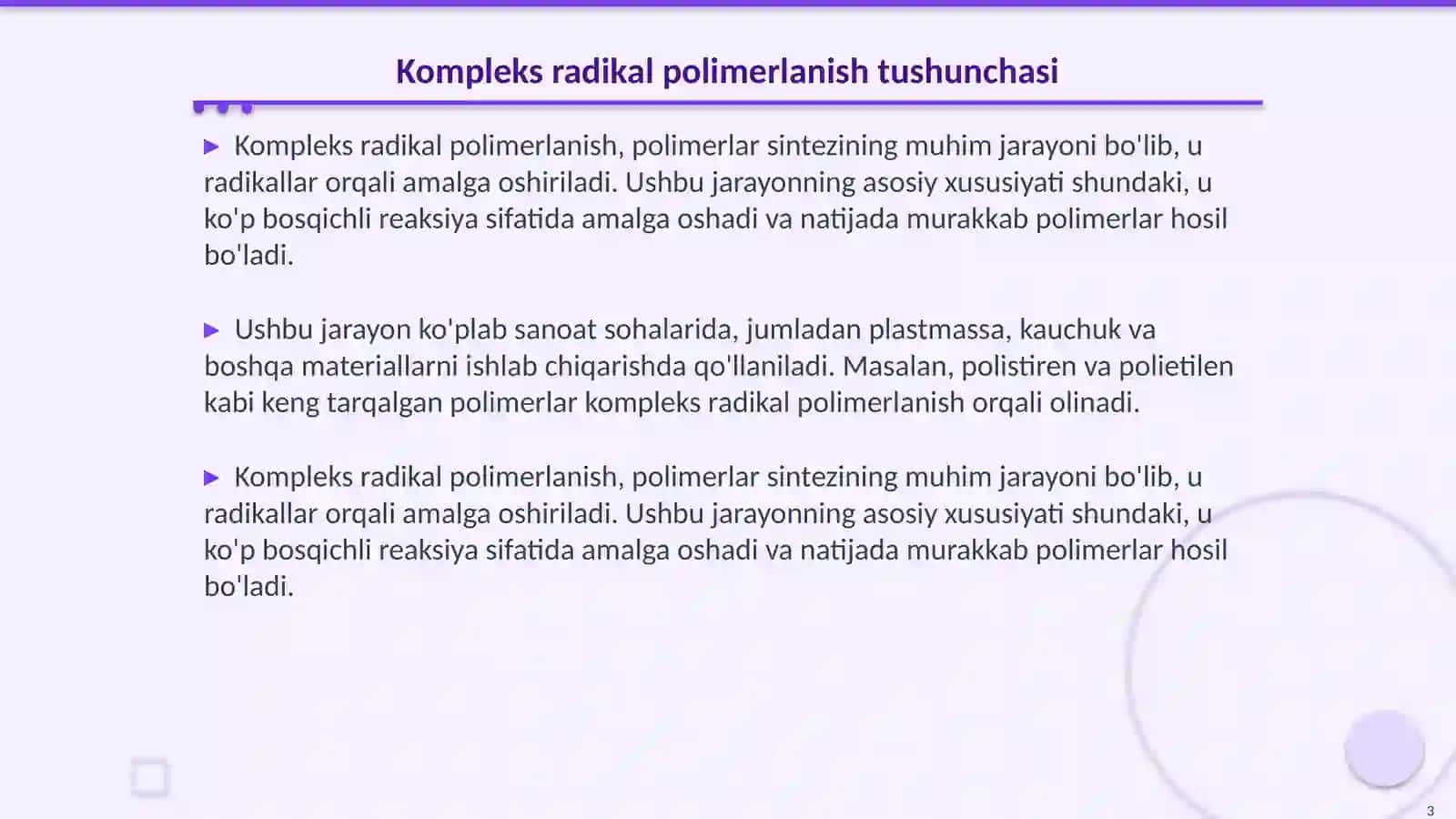 Kompleks radikal polimerlanish reaksiyalari va kinetikasi 3