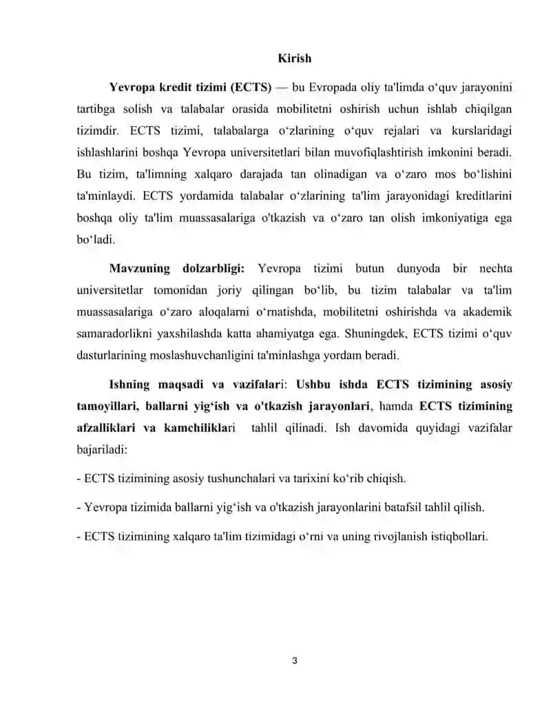Yevropa tizimida ballarni yig'ish va ECTS o'tkazilishi 3