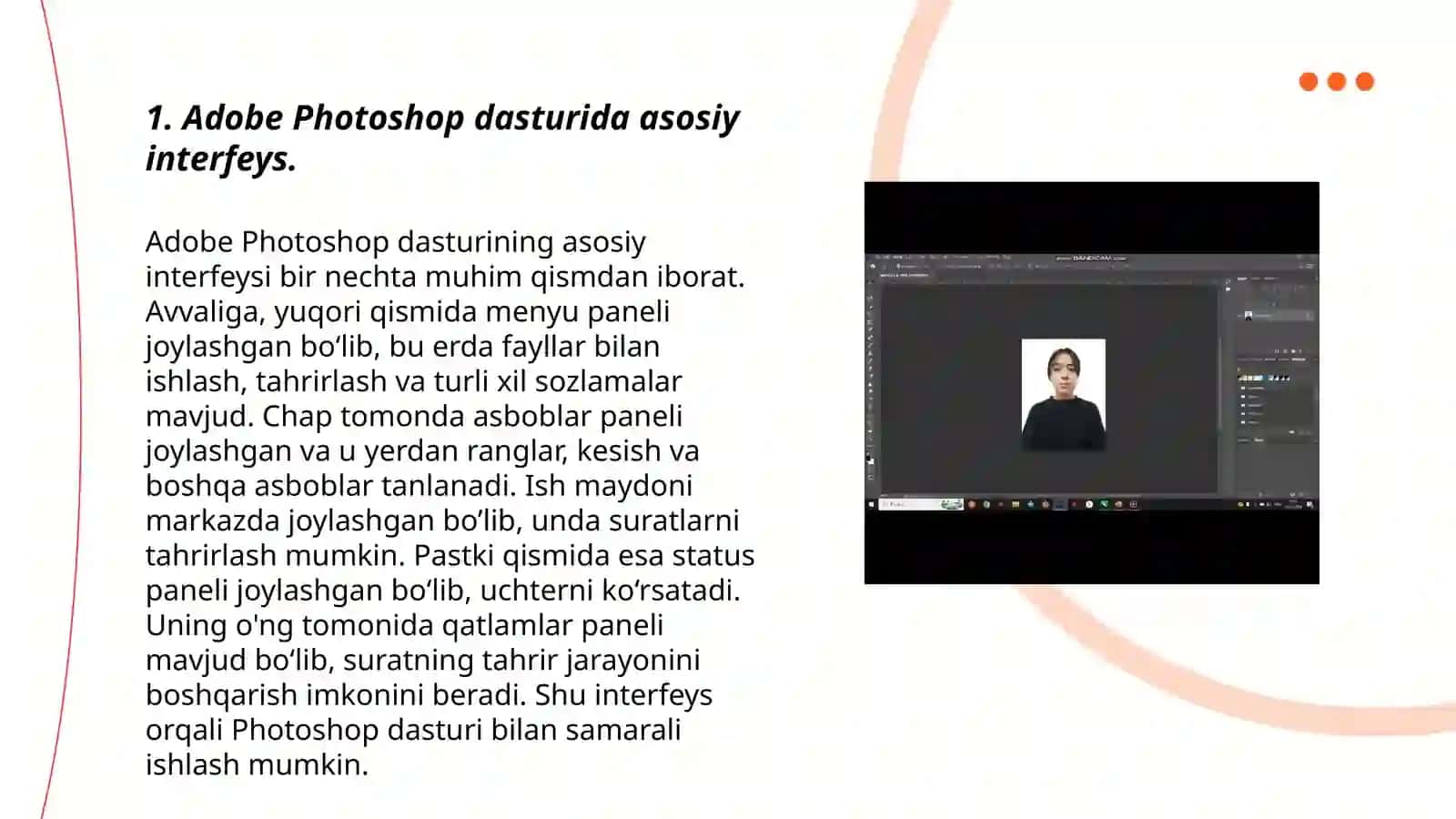 Adobe Photoshop dasturida asosiy interfeys 3