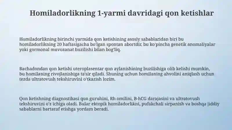 Homiladorlik I yarmida qon ketishlar. Abortlar. Bachadondan tashqari homiladorlik, yelbug‘ozi 3