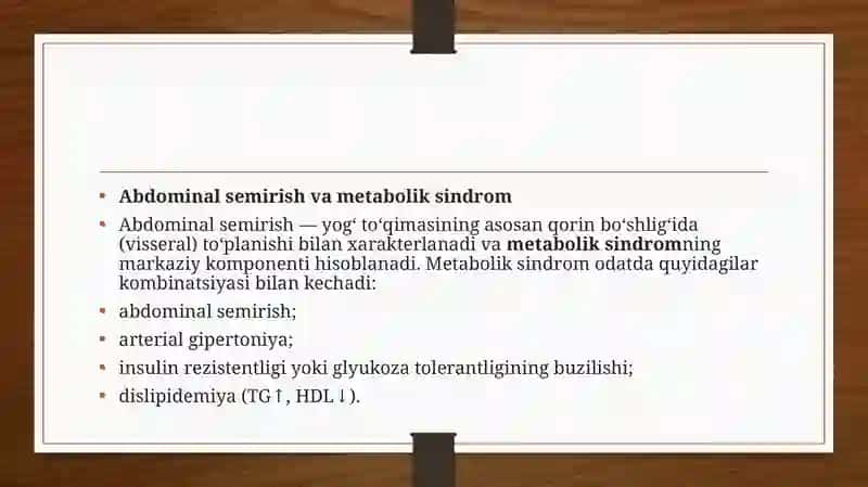 Semizlik va AG. Abdominal semirish. (Metabolik sindrom). Identifikatsiya muammolari. Kattalarda yoshga nisbatan diagnostik omillar. Visseral adipotsitoz va bo‘sh yog‘ kislotalari. Tasnifi. Menejment va farmakoterapiya. 3