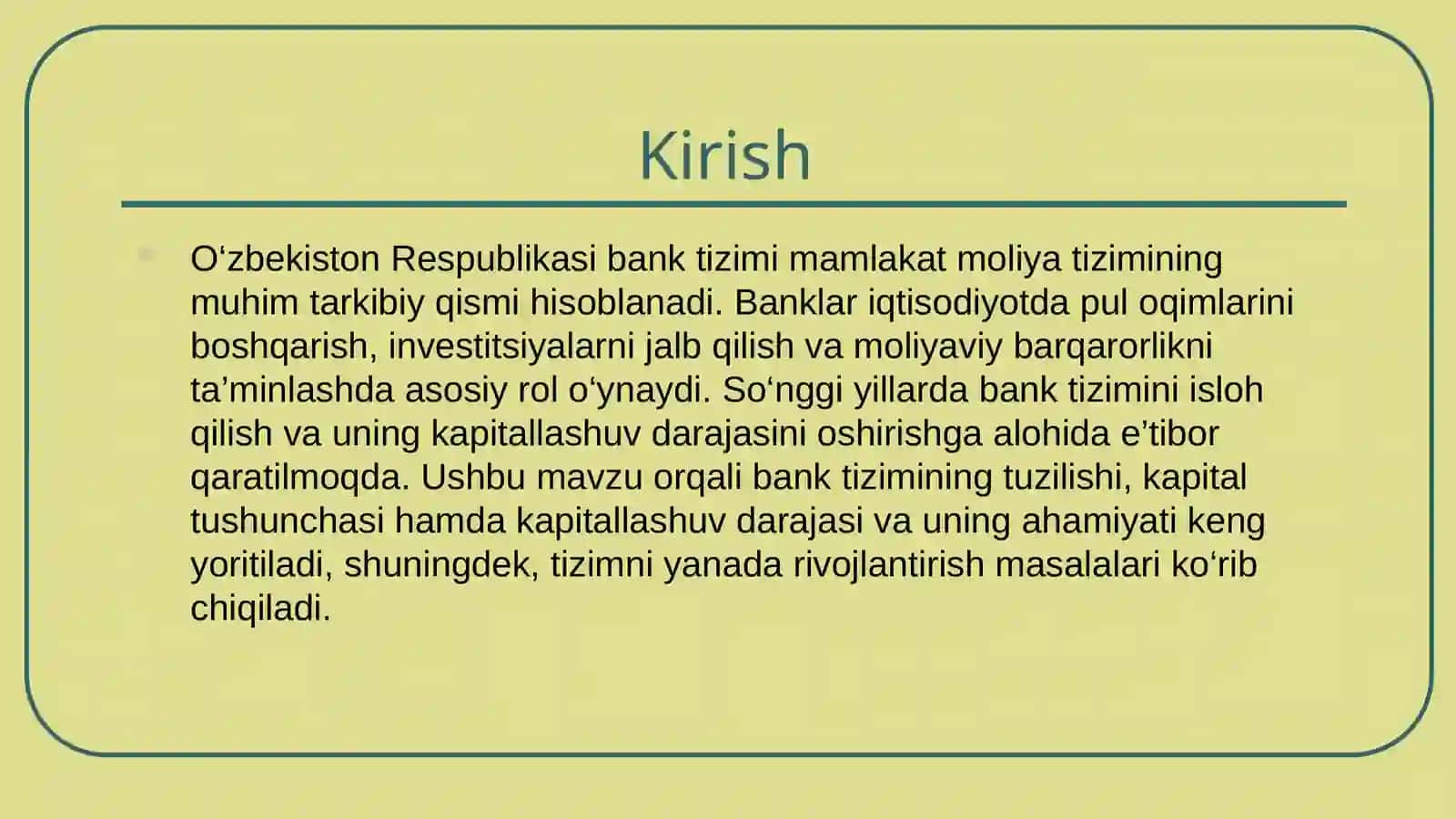 O'zbekiston Respublikasi bank tizimi va uni kapitallashish darajasi 3