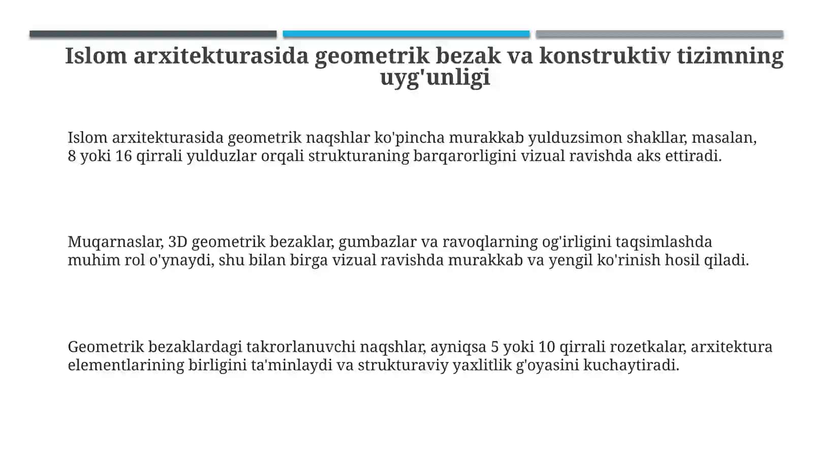 Islom meʼmorchiligida geometrik bezaklar va konstruktiv tizimning uygʻunligi 3
