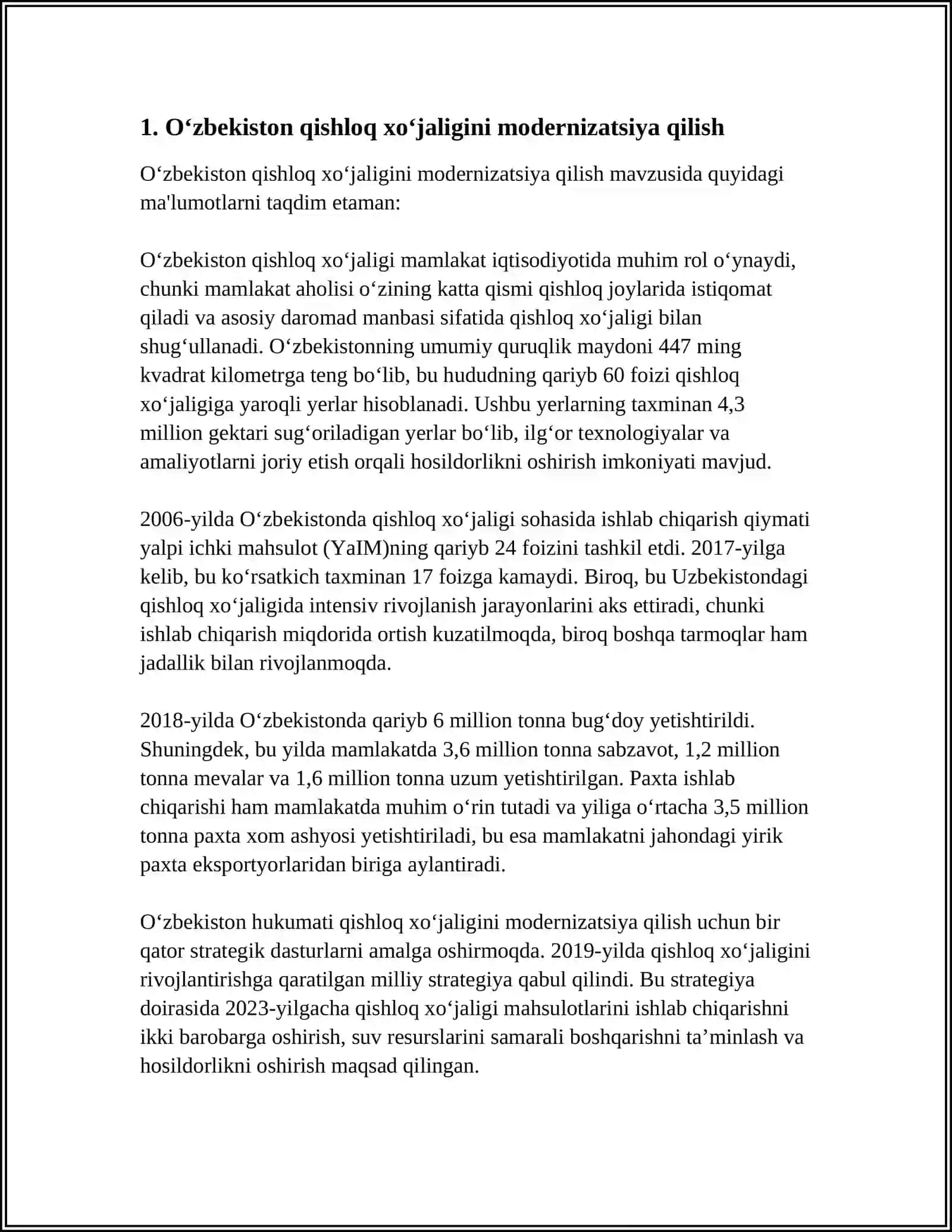 O‘ZBEKISTON RESPUBLIKASI QISHLOQ XO‘JALIGINI RIVOJLANTIRISHNING 2020-2030 YILLARGA MO‘LJALLANGAN STRATEGIYASI 3