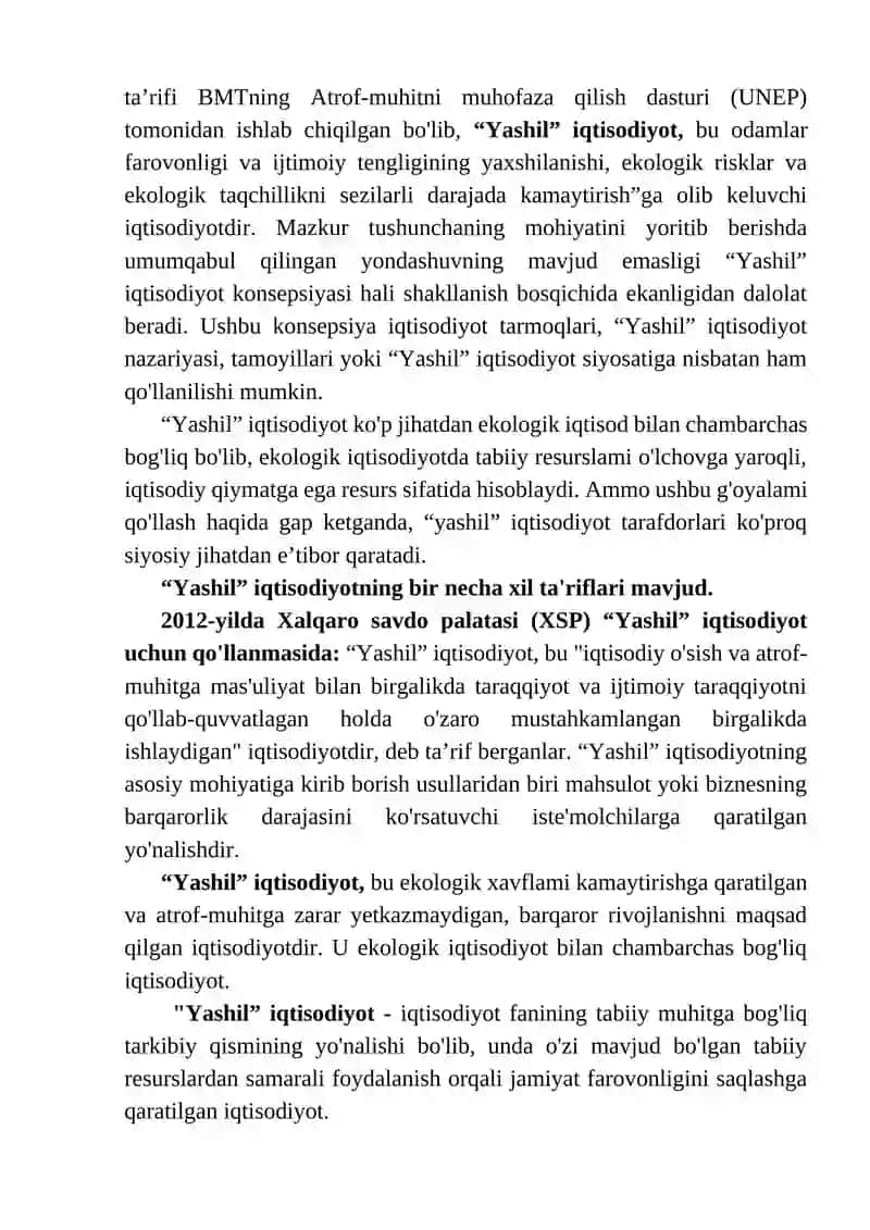 Yashil” iqtisodiyot fanining predmeti va vazifalari barqaror rivojlanishni ta’minlashda “yashil iqtisodiyot”ning o’rni. 3