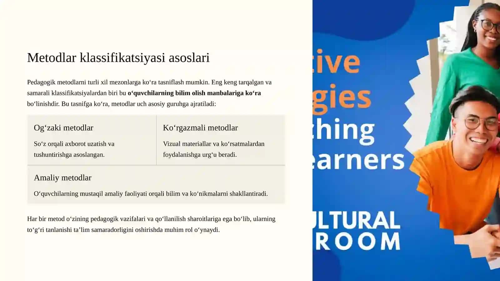 Metodlar klassifikatsiyasi. Og‘zaki, Ko‘rgazmali va Amaliy metodlar 3