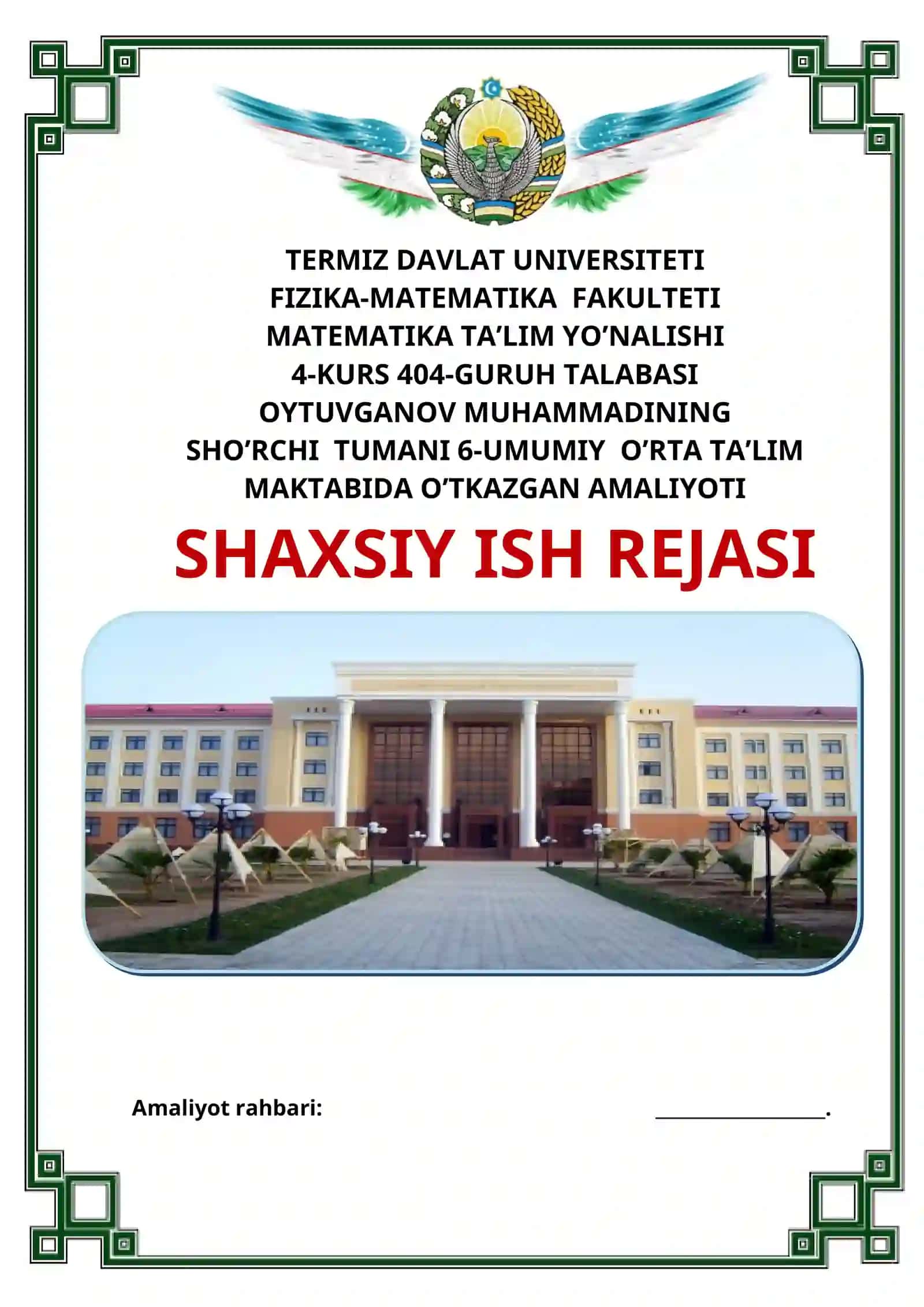 OYTUYGONOV MUHAMMADINING SHO’RCHI TUMANI 6-UMUMIY O’RTA TA’LIM MAKTABIDA AMALIYOT DAVRIDA O’TKAZGAN OCHIQ DARS ISHLANMALARI 3