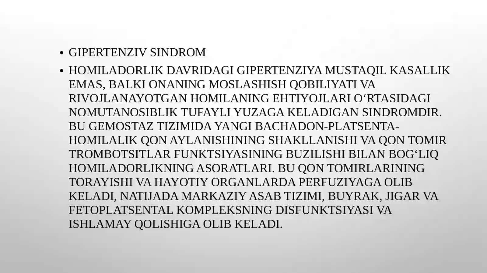 HOMILADORLIKDA GIPERTENZIV SINDROM, PREEKLAMPSIYA, EKLAMPSIYA. GIPERTENZIV HOLATLAR TASNIFI. KLINIKA 3