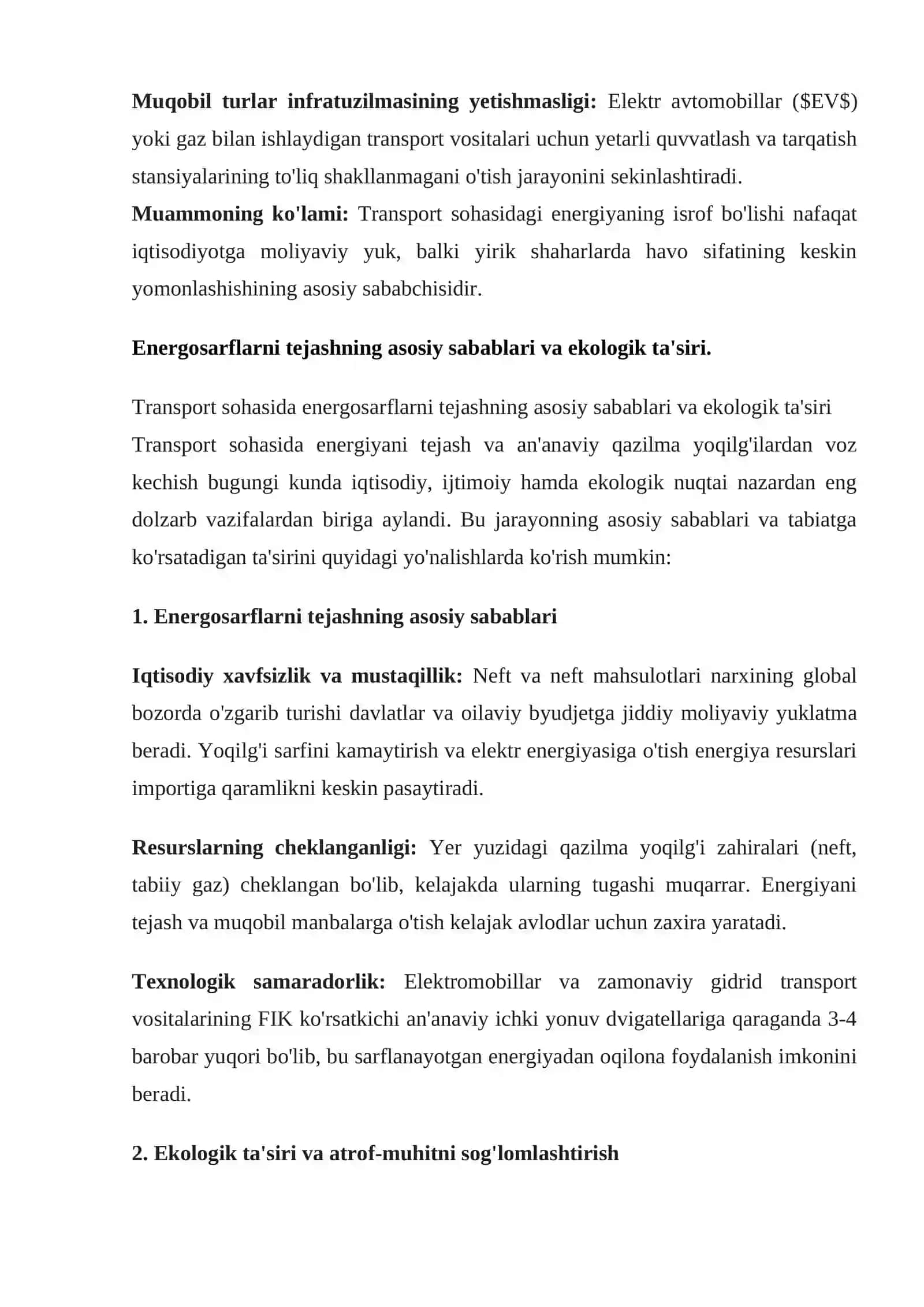 Transportda energosarflarni tejash muammolari va yechimlari 3