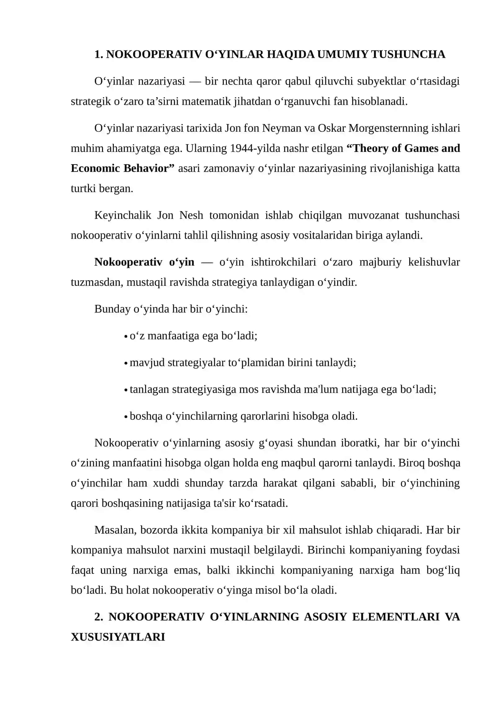 Nokooperativ o‘yinlar. O‘yinlarning tabiiy evolyutsiyasi 3