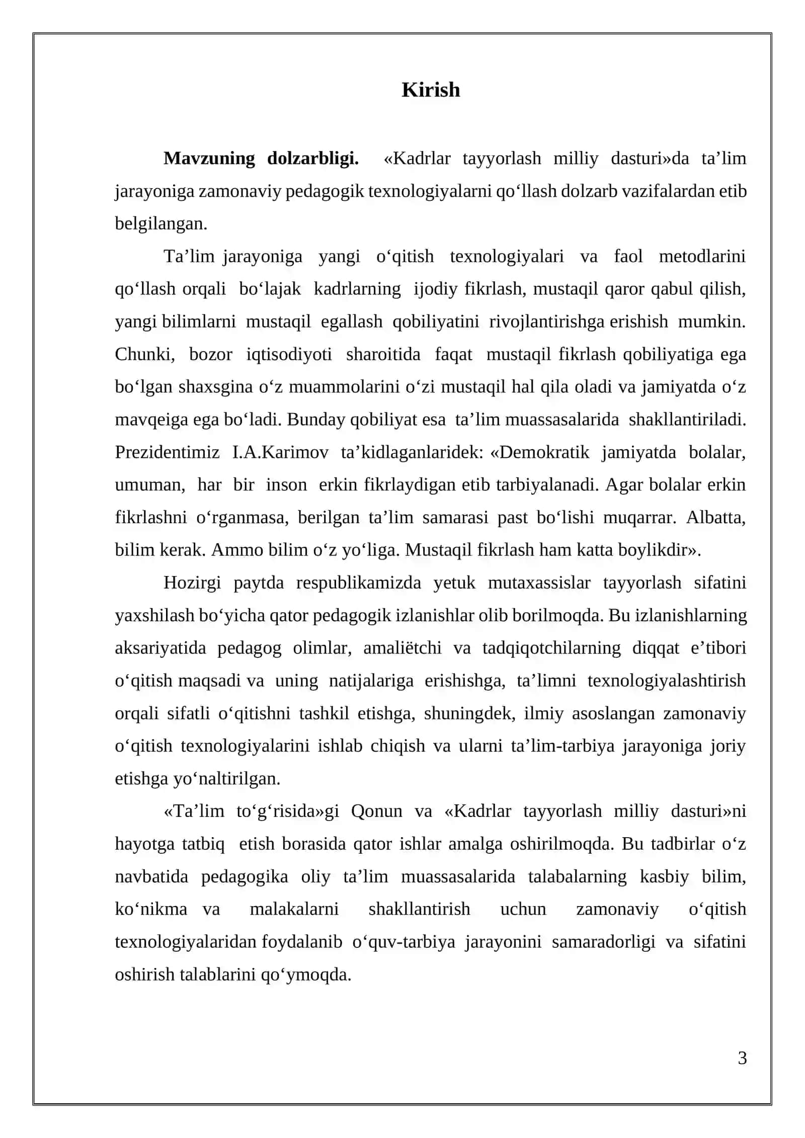 Adabiy turlar va janrlar” modulini o‘qitishda innovatsion texnologiyalardan foydalanish Malakaviy ishning mavzusi "Adabiy turlar va janrlar" modulini o‘qitishda innovatsion texnologiyalardan foydalanish bo'yicha 3
