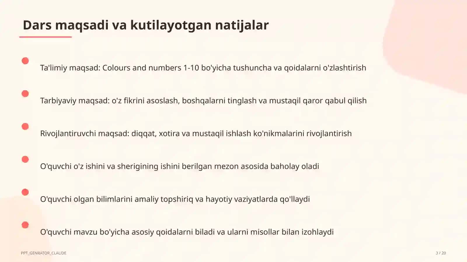 Colours and numbers 1-10 (1-sinf) 3