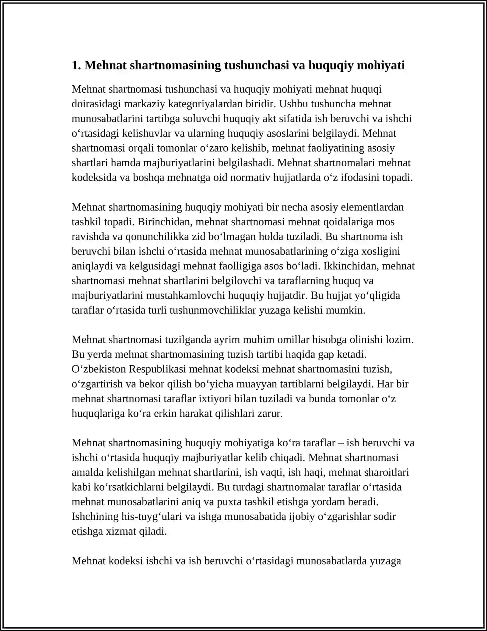 MEHNAT SHARTNOMASI TUSHUNCHASI, MAZMUNI, TARAFLARI VA TUZISH TARTIBI 3