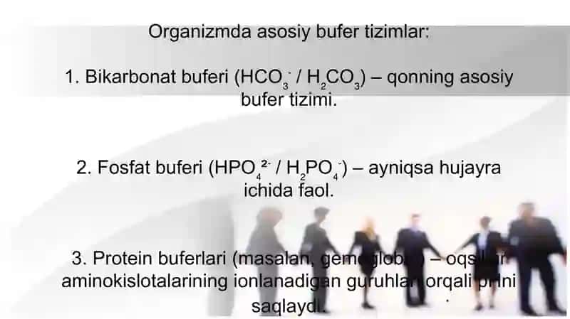 Bufer tizimlar. Klinik izlanishlarda biologik suyukliklarda bufer sig‘imini aniqlash. 3