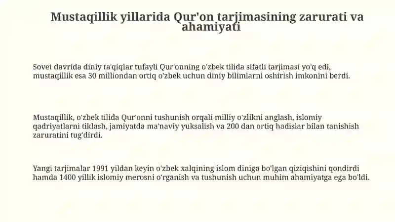 Mustaqillik yillarida Qur'onning o'zbek tiligatarjimaqilinishi 3
