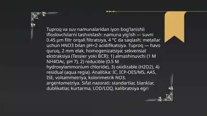 Iyon bog'lanishli ifloslovchi moddalarni tuproq va suv namunalaridan tashxislash 3