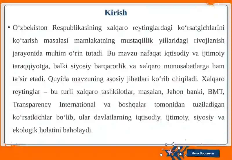 O‘zbekistonning xalqaroreytinglardagi ko‘rsatgichlari niko‘tarishning tarixiy va siyosiy ahamiyati 3