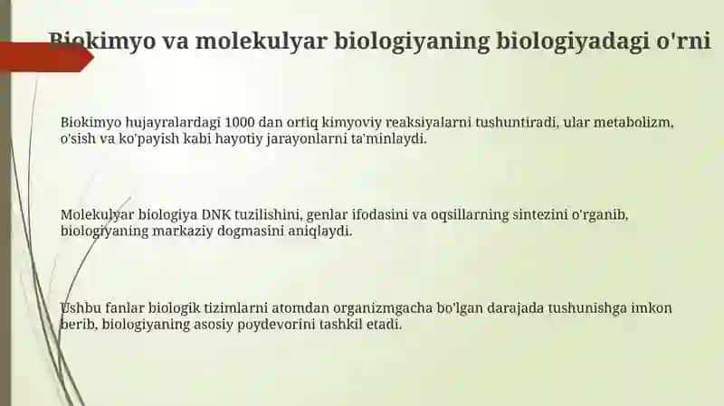 Biokimyo va molekulyar biologiyaning biologiyaga doir fanlar orasida oʻrni va rivojlanish tarixi 3