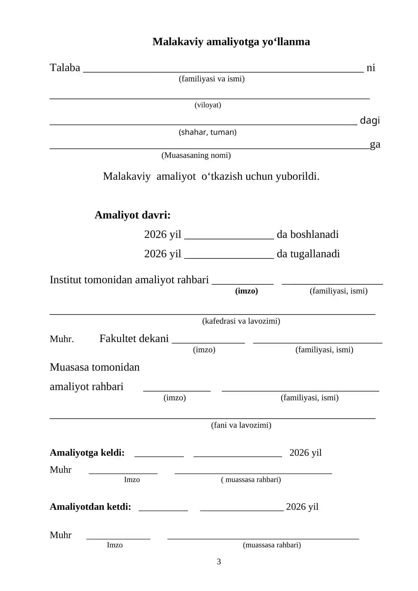Talabaning MALAKAVIY amaliyoti Kundalig 3