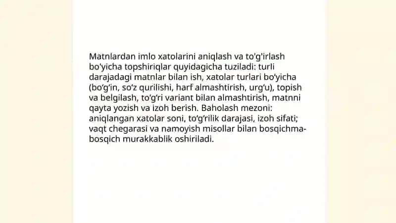 Matnlarni imloviy tahlil qilish. Imloviy savodxonlikni oshirish bóyicha topshiriqlarni ishlab chiqish 3