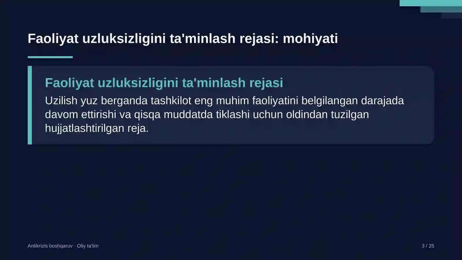 dasturiy ta'minot ishlab chiqish kompaniyalarida faoliyat uzluksizligini ta'minlash rejasi 1201 3
