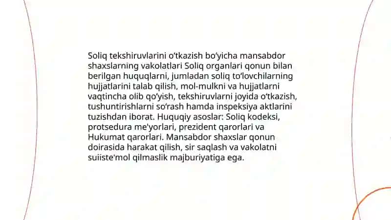 Soliq tekshiruvlarini o’tkazishda soliq organlari mansabdor shaxslarining huquq va majburiyatlari 3