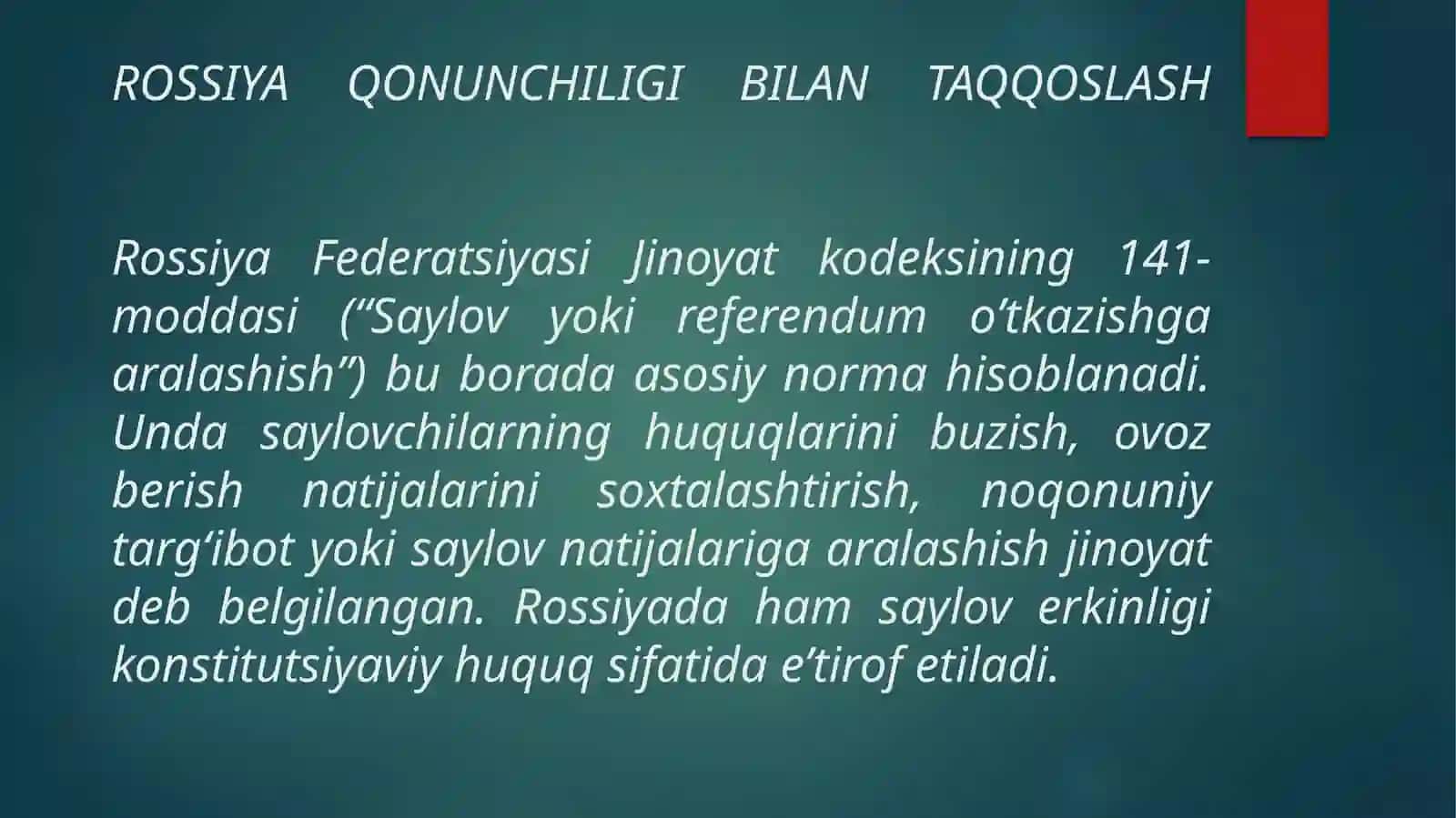 O‘zbekiston Respublikasi Jinoyat kodeksining 142-moddasi: Saylov huquqlarini buzish 3