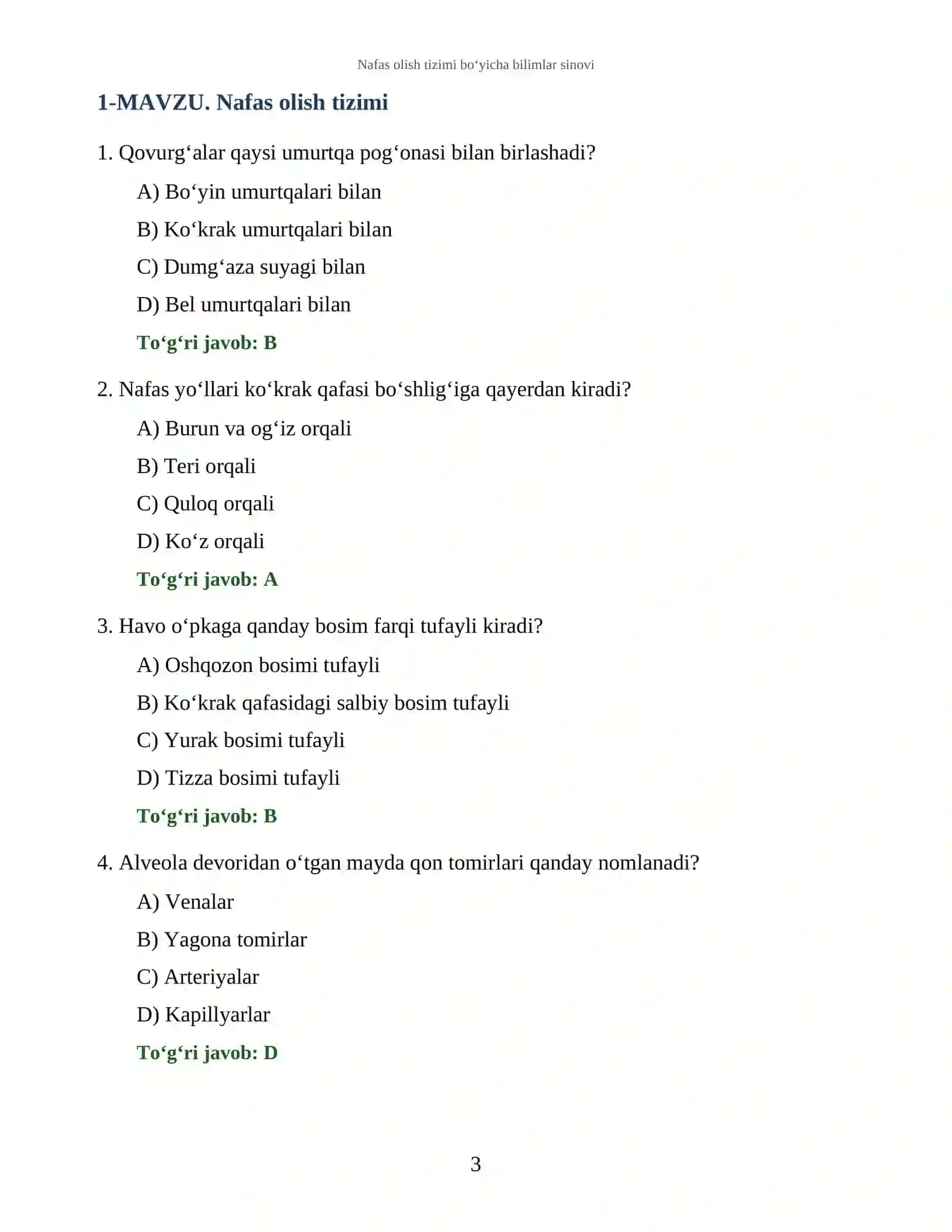 Nafas olish tizimi bo‘yicha bilimlar sinovi 3