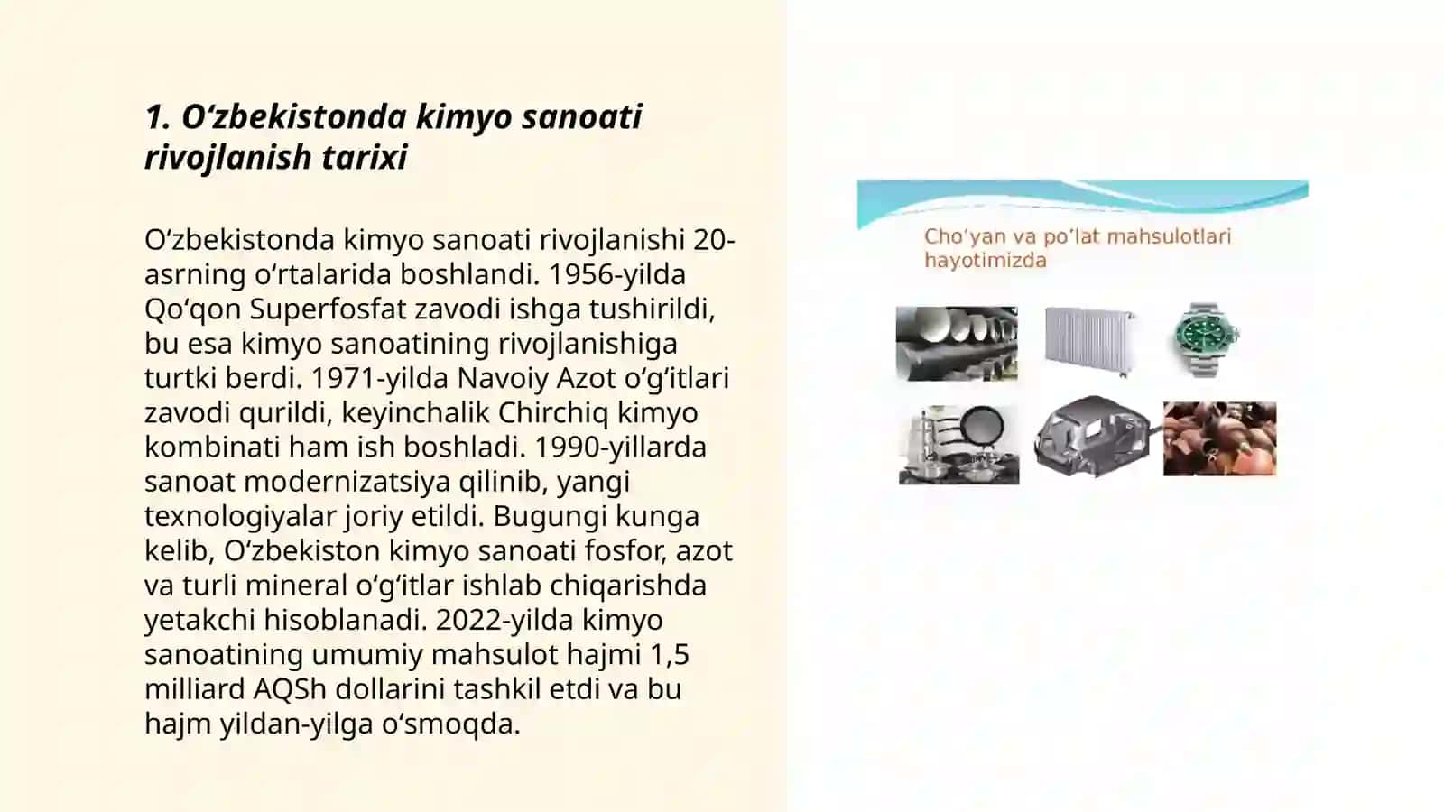 Oʻzbekistonda kimyo sanoati ishlab chiqaradigan mahsulotlar va kimyoviy ishlab chiqarish usularini rivojlantirish konsepsiyalari 3