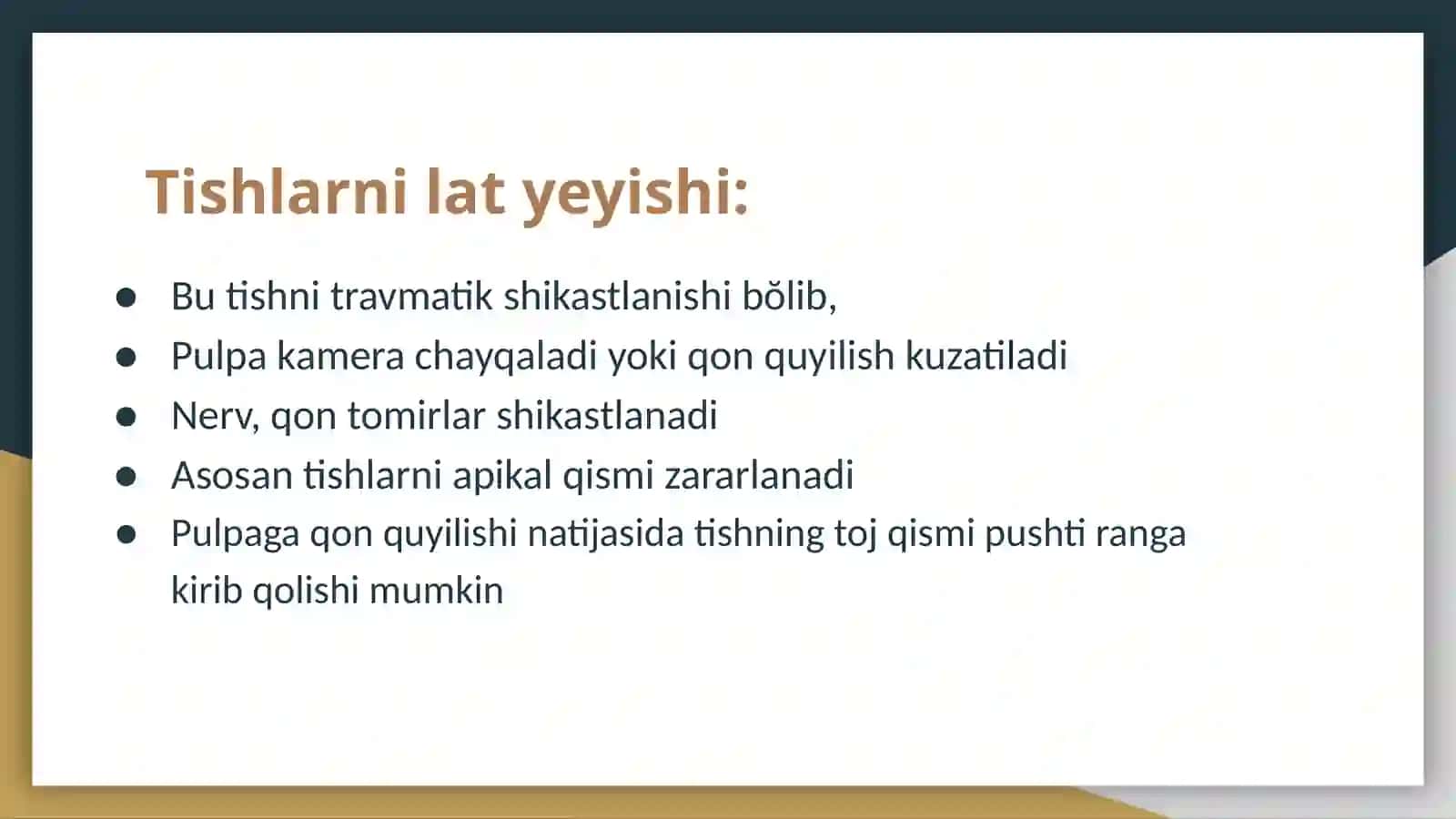 Tish chiqqandan keyin paydo bóladigan nokariyes kasalliklar. Tishlarni kimyoviy vamexanik jarohatlari 3